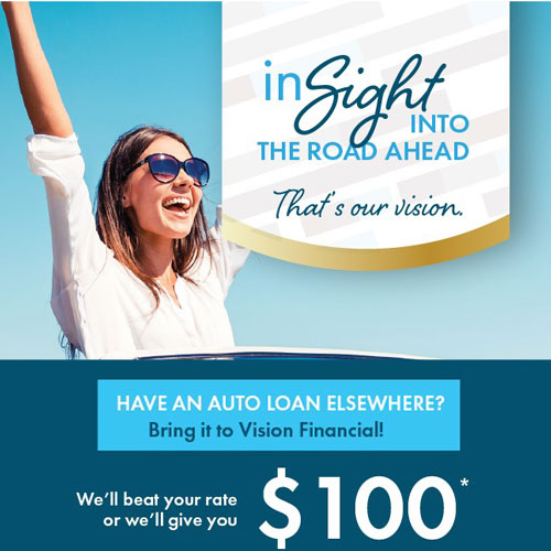 Have an auto loan elsewhere. Bring it to us and we';; beat the rate or give you $100
